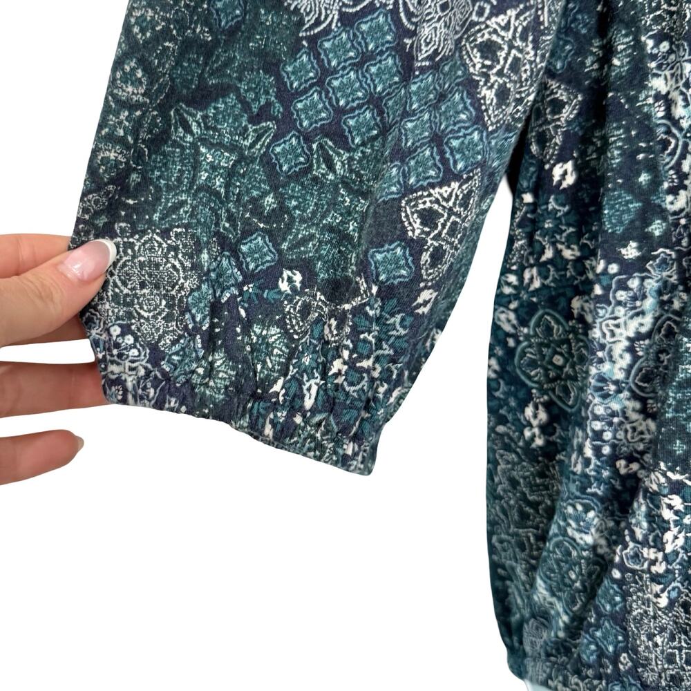 Michael Kors Blue Paisley Floral Scoop Neck Bracelet Sleeve Blouse Top size L - Picture 7 of 10